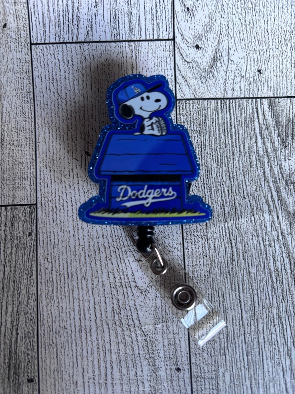 Snoopy LA Dodgers Retractable ID Badge Reel Holder Blue Glitter Custom Acrylic